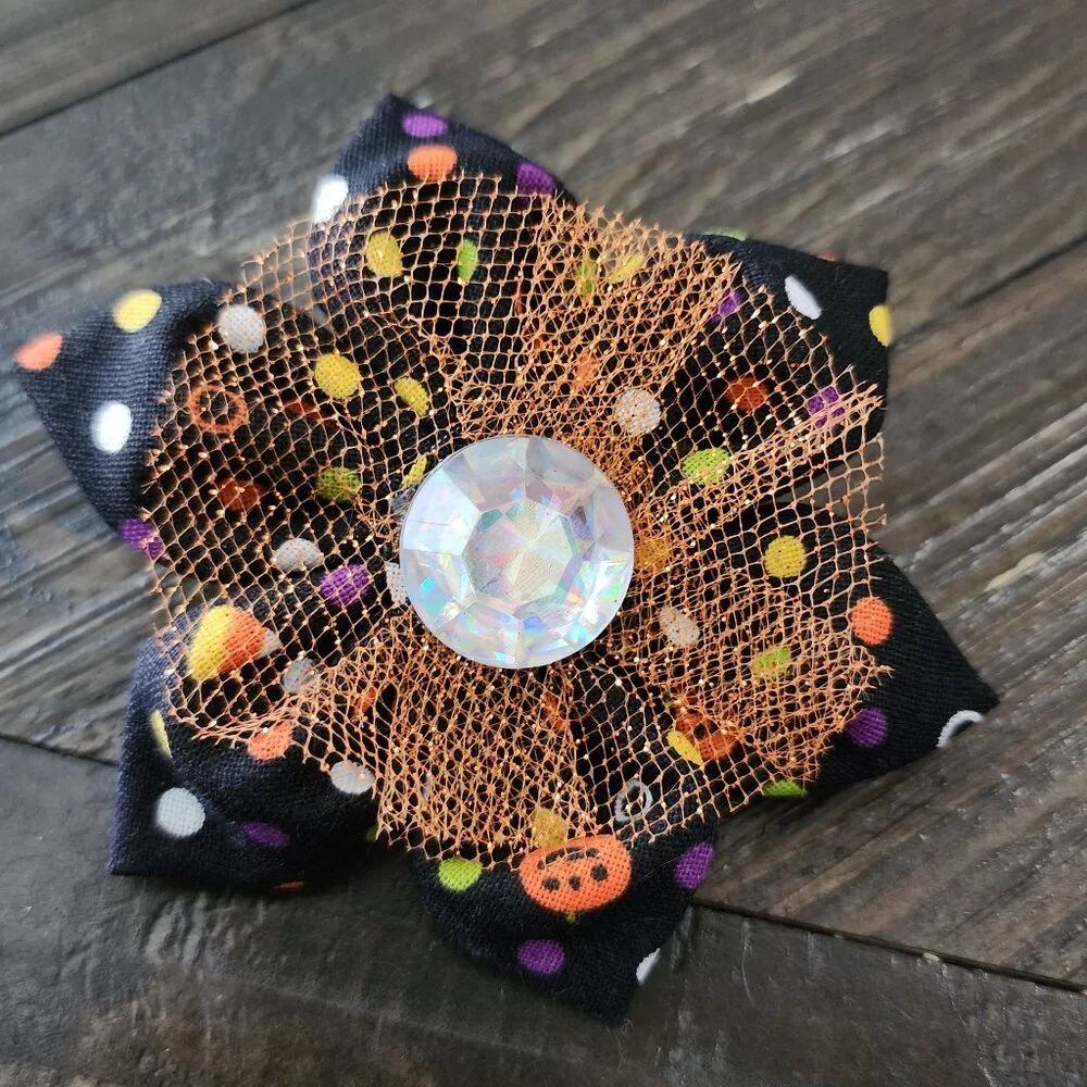 NWOT Hand Crafted Halloween Polka Dots Pumpkins Flower Pet Bow Small Dog or Cat
